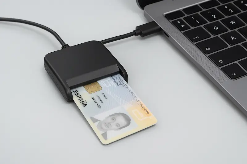 DNI electrónico español insertado en un lector de tarjetas USB conectado a un portátil, necesario para obtener firma digital con DNIe.