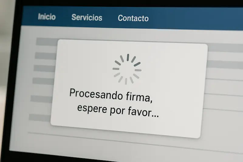 Captura de pantalla simulada de una ventana de AutoFirma o navegador con un mensaje "Procesando firma..." que no avanza, ilustrando un error firma digital.