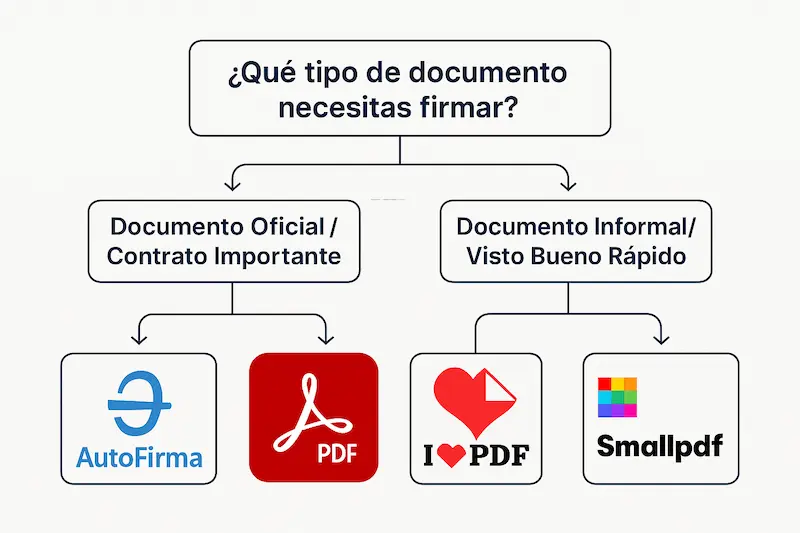 Flujograma de decisión para elegir una herramienta de firma digital PDF.