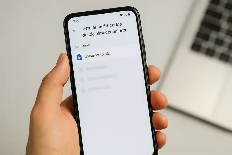 Pantalla de un móvil Android mostrando el proceso de instalación de un certificado digital para la firma digital móvil.