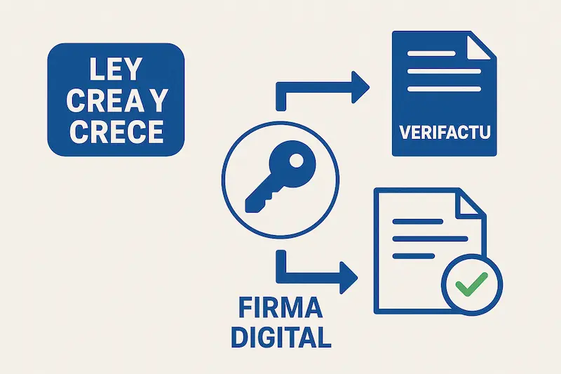 Logos de Ley Crea y Crece y Verifactu impulsando la necesidad de cómo obtener firma digital.