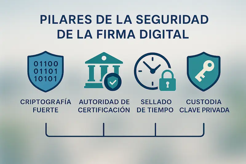 Firma digital: qué es y para qué sirve en la facturación electrónica (Guía 2025) 9 Pilares de la seguridad de la firma digital: criptografía, autoridades de certificación y custodia.