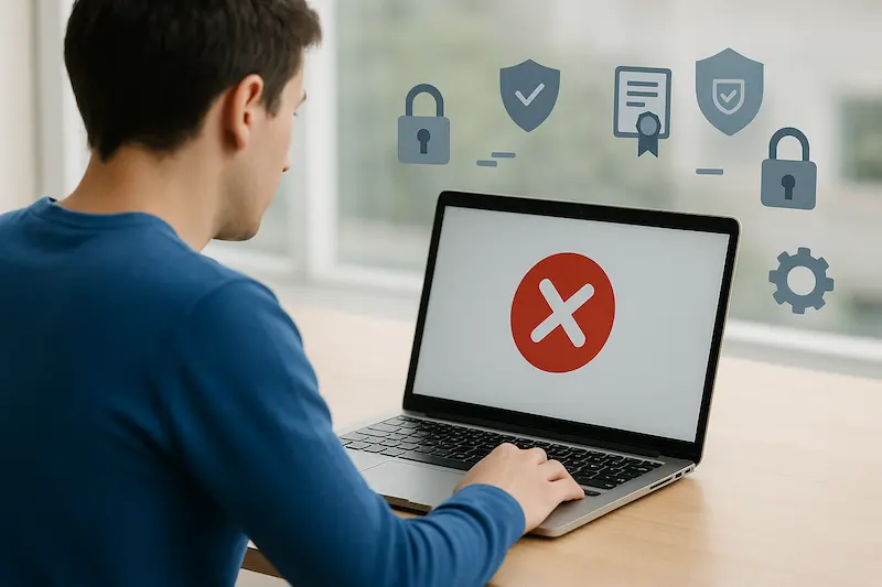 Ilustración conceptual de una persona intentando solucionar un error firma digital en su ordenador, con iconos de candados y certificados alrededor.