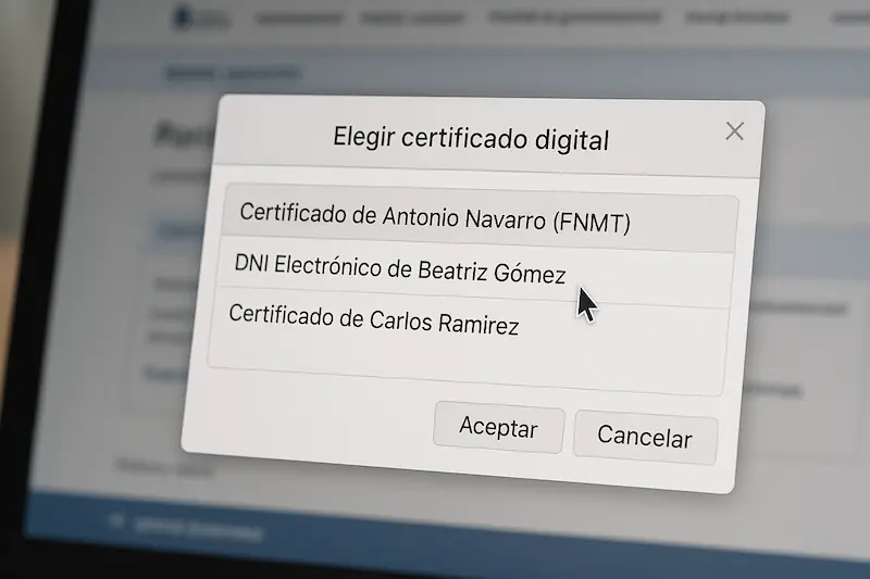 SEF Xunta: Guía Fácil para Acceder y Enviar Facturas 2025 2 Ventana emergente mostrando una lista de certificados digitales para seleccionar durante el acceso al SEF Xunta o FACe.