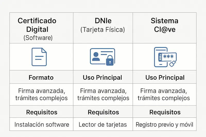 🔐 Certificado Digital para Factura Electrónica: Qué Es, Cómo Obtenerlo y Por Qué es Obligatorio 3 Tabla comparativa mostrando las diferencias sobre cómo obtener certificado digital, DNIe y Cl@ve.