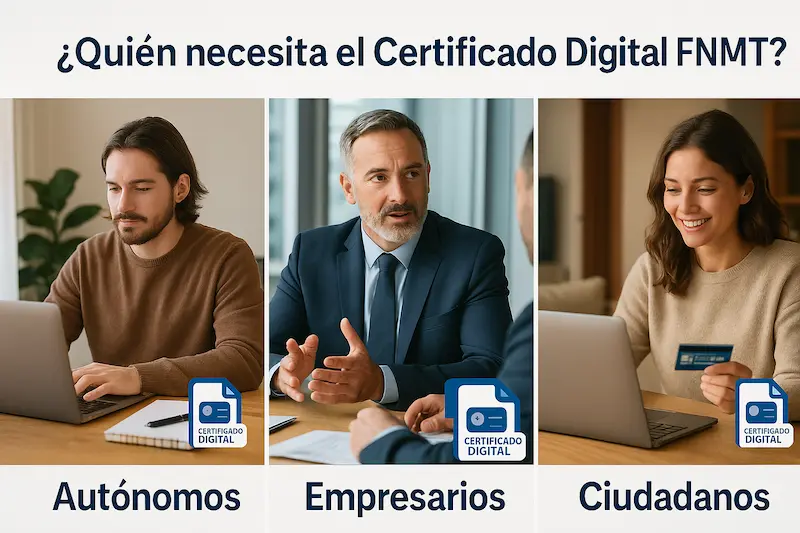 📥 Certificado Digital FNMT: cómo obtenerlo, instalarlo y renovarlo paso a paso 1 Ilustración de diferentes perfiles (autónomo, empresario, ciudadano) utilizando el certificado digital FNMT.
