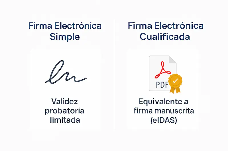 Comparativa de validez legal entre firma simple y firma cualificada.