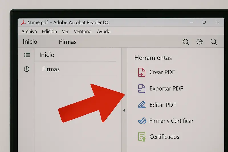 Captura de pantalla de Adobe Reader mostrando cómo seleccionar la herramienta 'Certificados'.
