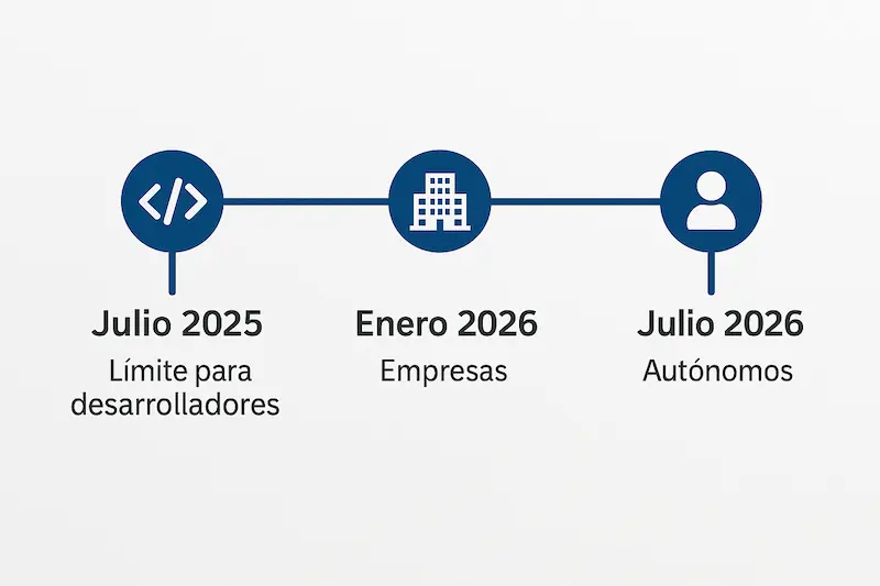 ¿Cuándo entra en vigor Verifactu? Fechas Clave 2026 1 Infografía de la cronología que responde a cuándo entra en vigor Verifactu.
