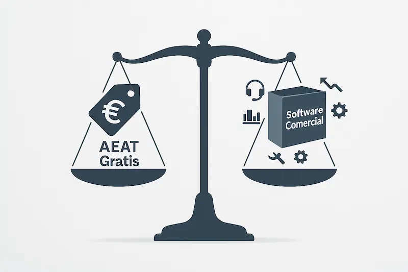 ¿Es Verifactu Gratuito? La Verdad sobre los Costes en 2026 1 Una balanza comparando si Verifactu es gratuito (herramienta de la AEAT) o de pago (software comercial).
