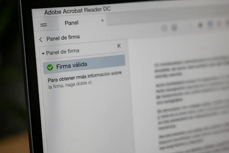 Panel de firma de Adobe Reader mostrando un check verde de firma válida.