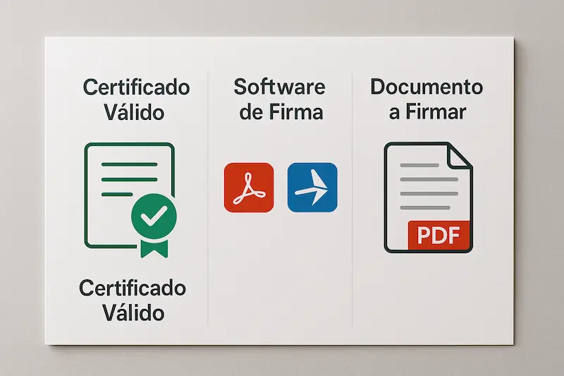Iconos que representan los requisitos para firmar con certificado digital: un certificado, software y un documento PDF.