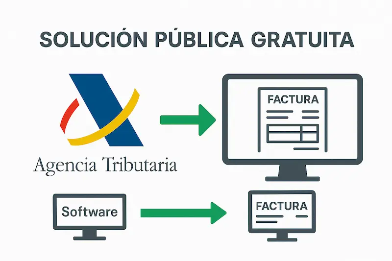 Logo de la Agencia Tributaria junto a un ordenador mostrando una factura, representando la herramienta gratuita oficial.