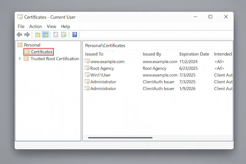 ¿Dónde se Guarda la Firma Digital en el Ordenador? (Guía Fácil) 1 Captura de pantalla del Administrador de Certificados de Windows mostrando la carpeta "Personal > Certificados".