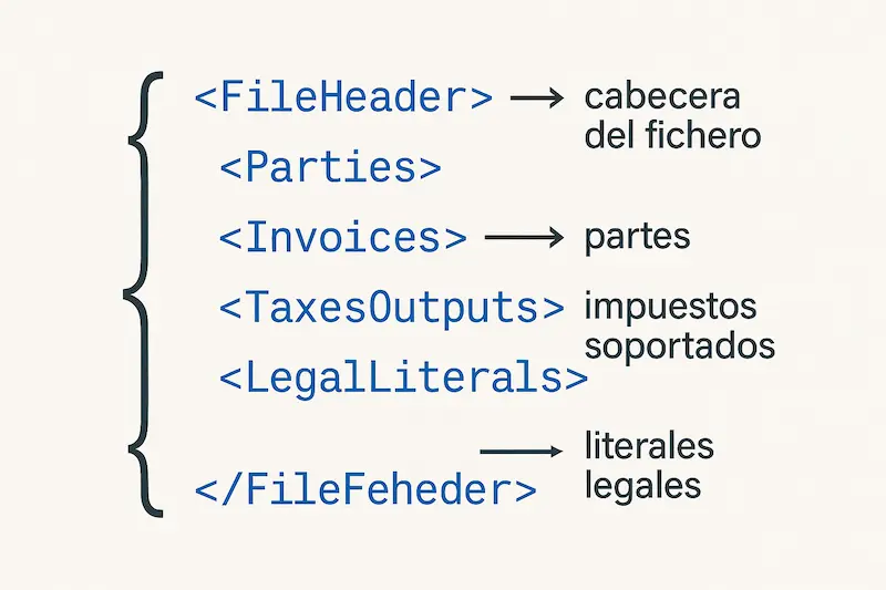 ¿Qué es el Formato Facturae? Guía del XML Obligatorio en España 1 Infografía desglosando la estructura de un archivo XML del formato Facturae.