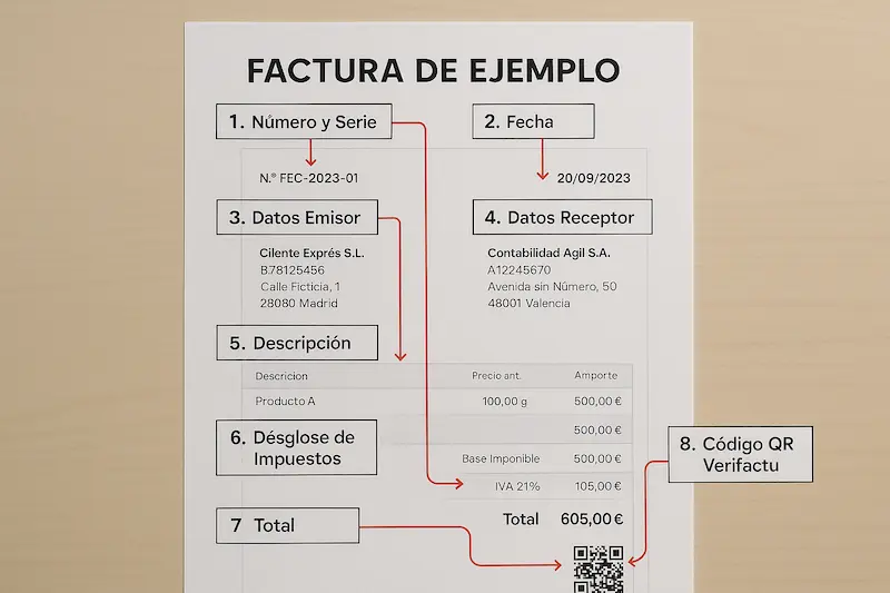 Infografía de una factura electrónica con todos sus requisitos y datos obligatorios señalados.