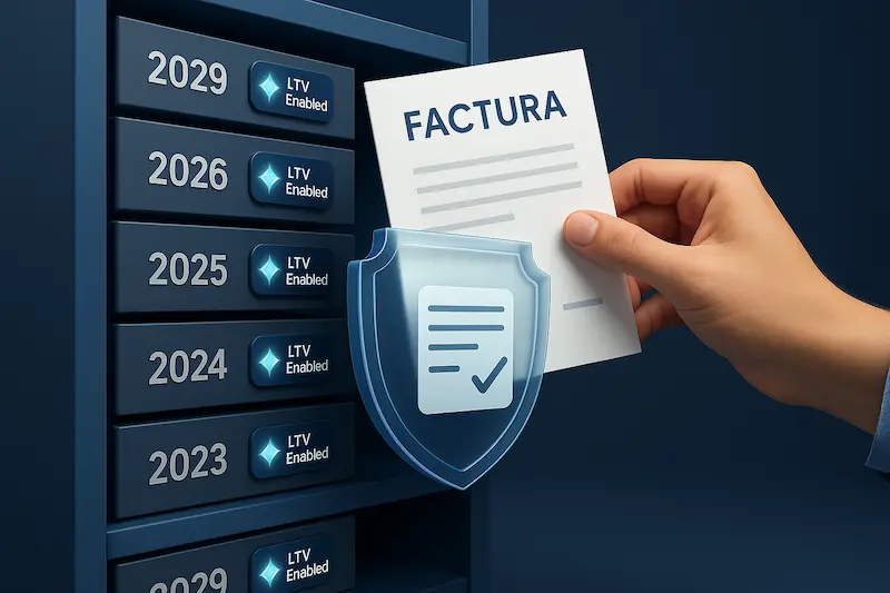¿Qué es la Validación a Largo Plazo (LTV) en una Firma Digital? 1 Una pila de facturas digitales archivadas en una caja fuerte digital con el sello LTV.