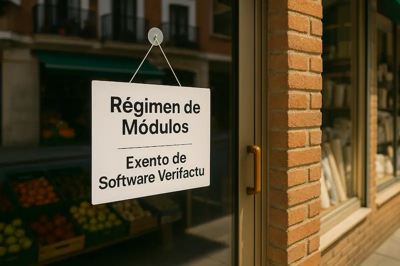 Un pequeño comercio con un cartel de "Exento de Verifactu", representando a los autónomos en módulos.