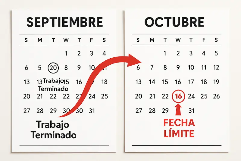 ¿Cuál es el Plazo para Emitir una Factura Electrónica? (2025) 1 Un calendario mostrando que un trabajo hecho en septiembre tiene como plazo de emisión de factura el 16 de octubre.