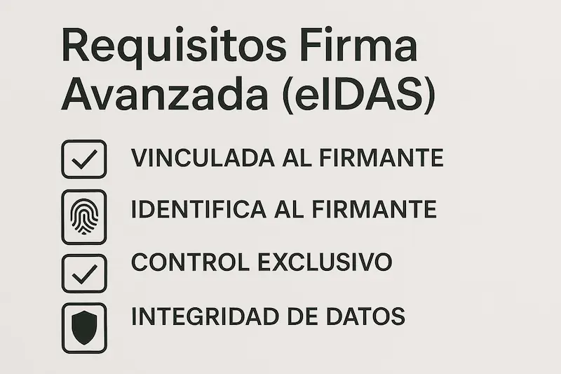 Requisitos de una Firma Electrónica para ser Válida Legalmente 1 Checklist con los 4 requisitos legales de la firma electrónica avanzada según eIDAS.