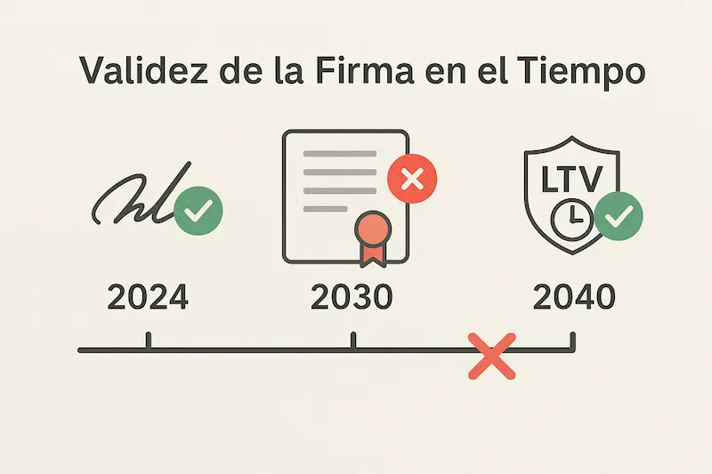 Firma con Certificado Caducado: ¿Qué Pasa y Cómo Solucionarlo? 1 Infografía explicando cómo la Validación a Largo Plazo (LTV) protege una firma digital a lo largo del tiempo.