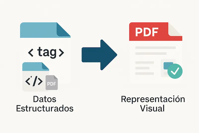 ¿Qué es el Formato XML en la Factura Electrónica? Guía 2025 1 Infografía comparando un archivo XML y un archivo PDF de una factura electrónica, destacando que el XML son datos estructurados y el PDF es la representación visual.