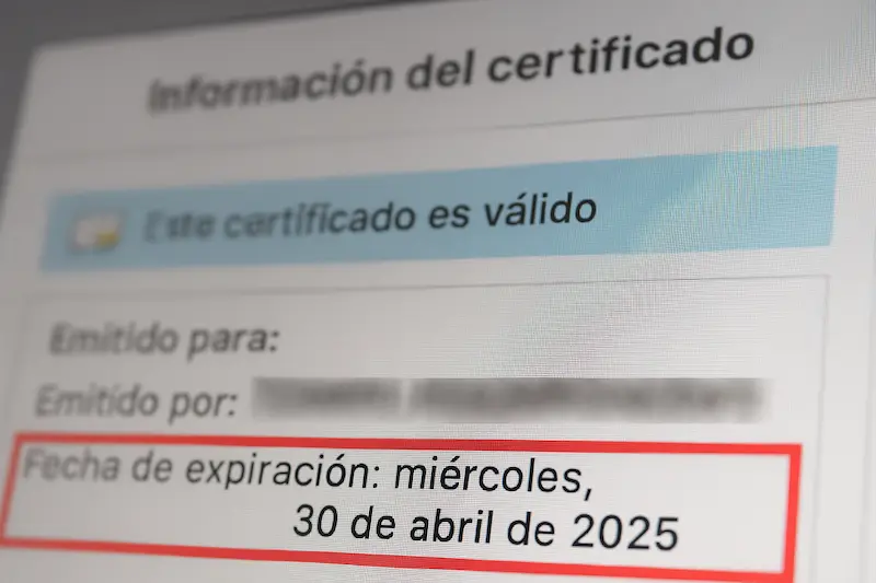 ¿Cuál es la Vigencia de un Certificado de Sello Digital? (2025) 1 Captura de pantalla del panel de detalles de un certificado digital, destacando la fecha de caducidad.