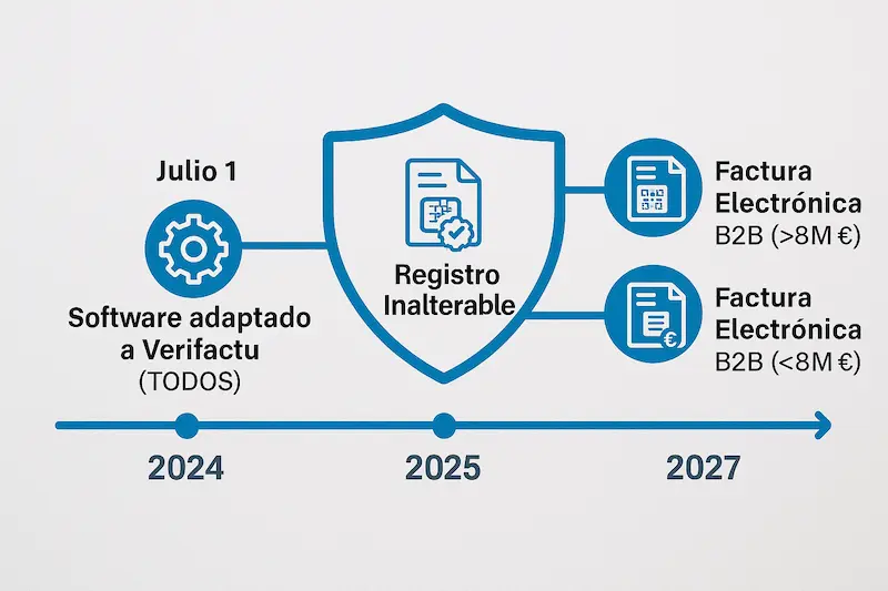 Línea de tiempo con las fechas clave de 2025 y 2026 para la factura electrónica y Verifactu.