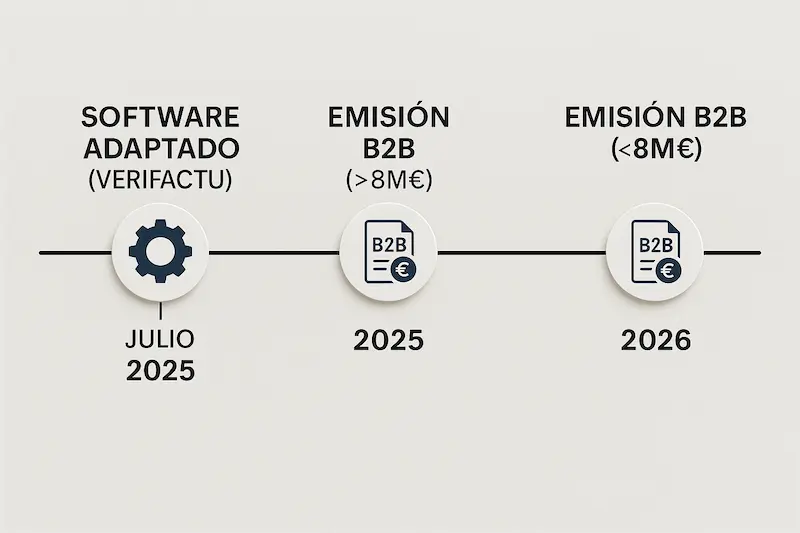 ¿Cuándo Va a Ser Obligatoria la Factura Electrónica? Fechas 2025 1 Línea de tiempo visual con las fechas clave de 2025 y 2026 para la factura electrónica obligatoria.