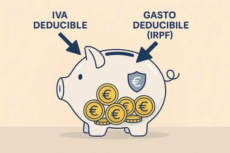  Infografía de una hucha de cerdito donde entran monedas de IVA e IRPF, simbolizando el ahorro fiscal al pedir factura.