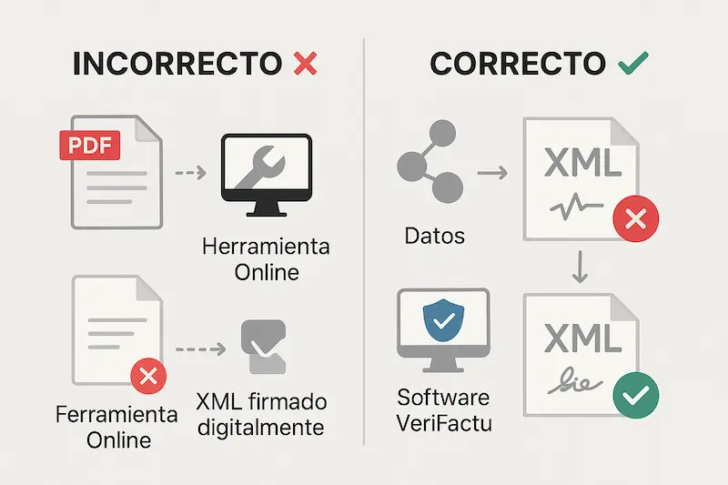 Diagrama mostrando el error de intentar convertir un PDF a XML directamente, en contraposición al método correcto de usar un software.