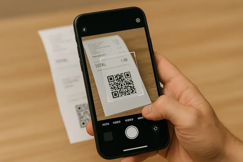 Una persona escaneando con su móvil el código QR de una factura para verificar los datos con la AEAT.