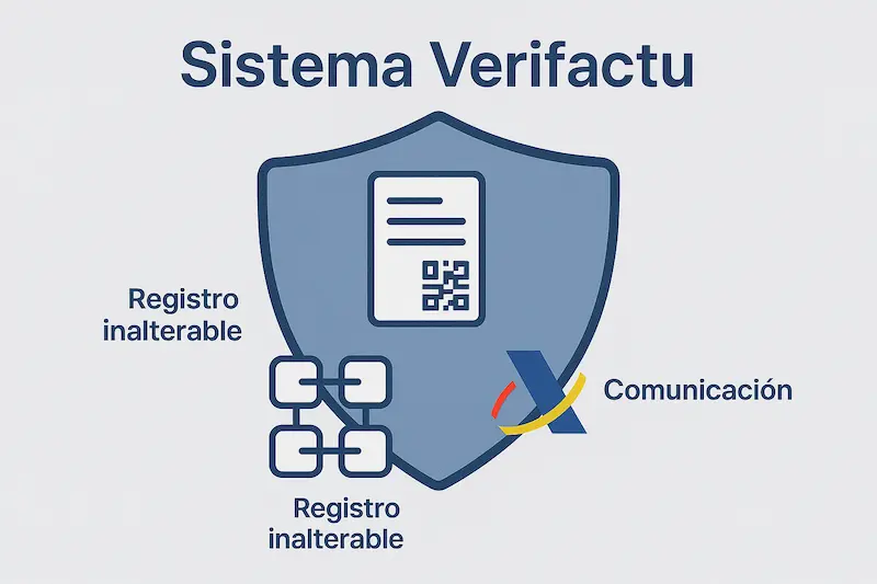 ¿Cuál es la Diferencia entre una Factura Electrónica y Verifactu? 1 Infografía del sistema Verifactu con los elementos de seguridad como el QR y el registro de eventos.