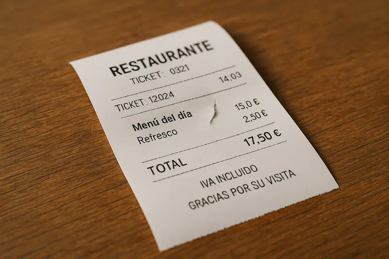 El ticket de papel de un restaurante, mostrando que la factura en papel sobrevive para los clientes particulares.
