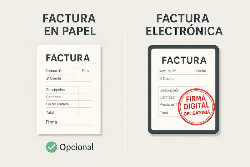 ¿Es Legal una Factura sin Firma? Riesgos y Consecuencias 2025 1 Infografía comparando una factura de papel sin firma y una factura electrónica con un sello de firma digital obligatoria.