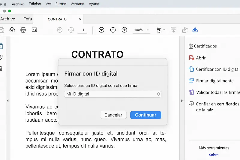 Cómo Firmar un Documento con Firma Digital (Guía Fácil para PDF) 1 Interfaz de Adobe Acrobat Reader mostrando el panel de firma digital para firmar un documento.