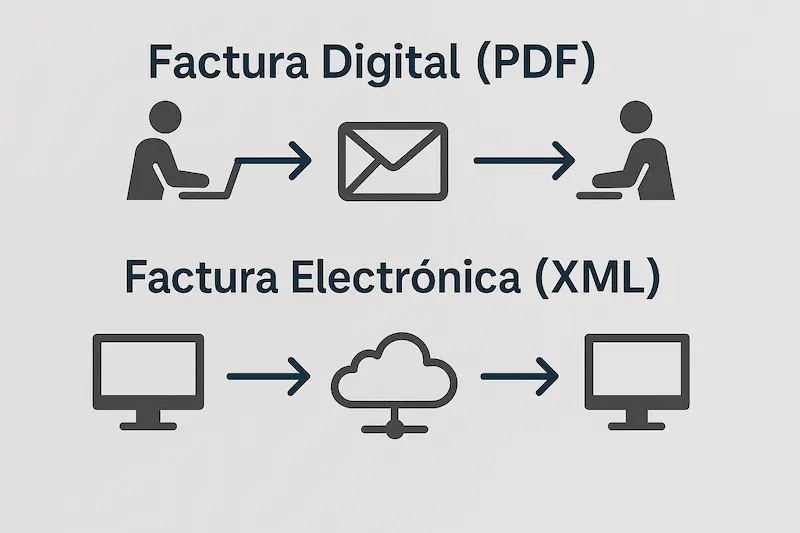Infografía comparando el flujo de trabajo manual de una factura digital (PDF) con el flujo automático de una factura electrónica (XML).