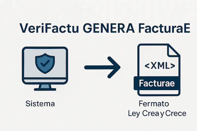 Diferencia entre VeriFactu y FacturaE: Guía Definitiva 2025 1 Infografía del flujo de trabajo: un software Verifactu genera una factura en formato Facturae.