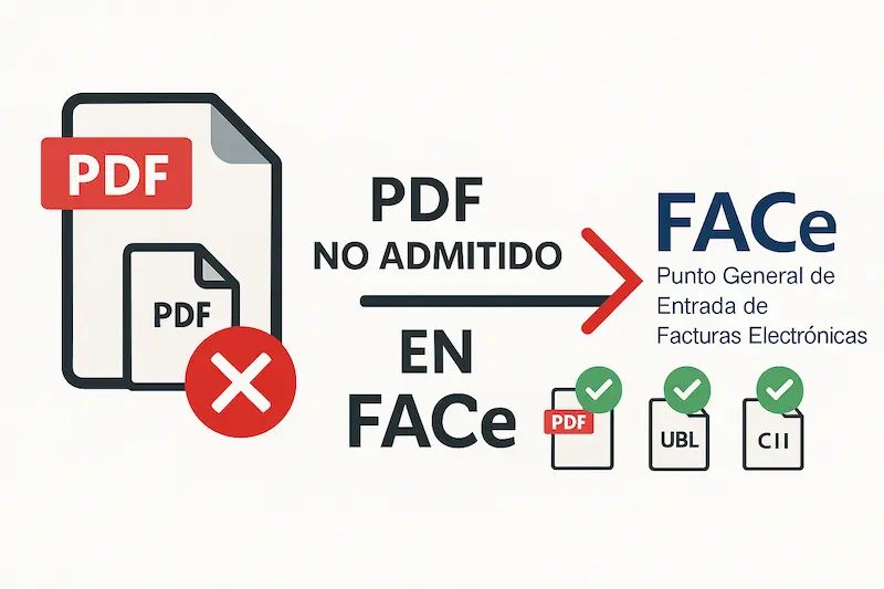 ¿Qué Formatos de Facturas Admite FACe? Guía Oficial 2025 1 Un icono de archivo PDF siendo rechazado por el logo de FACe con una señal de prohibido.