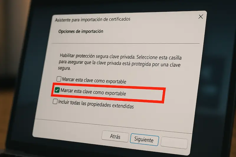 Error: "Certificado no Corresponde con Llave Privada" Solución 1 Asistente para importar certificados de Windows, con la opción "Marcar esta clave como exportable" resaltada.
