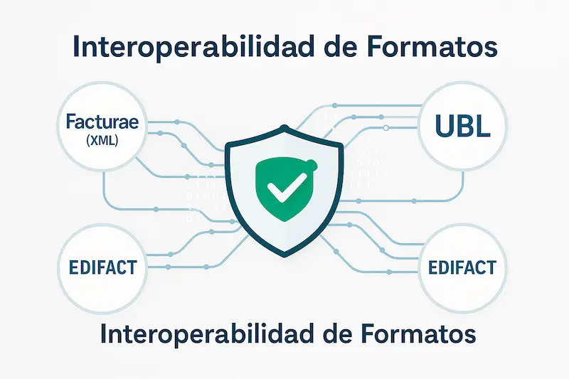 ¿Qué Formatos de Factura Electrónica Exige la Ley Crea y Crece? 1 Varios logos de formatos de factura (Facturae, UBL, EDIFACT) conectándose entre sí, simbolizando la interoperabilidad.