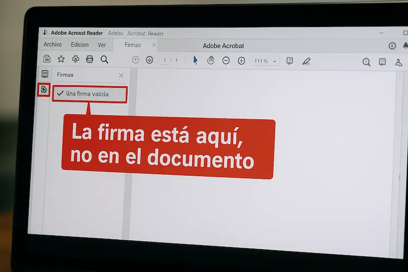 ¿Por Qué mi Firma Electrónica no se ve en un PDF? Explicado 1 El Panel de Firmas de Adobe Acrobat Reader mostrando una firma digital válida aunque sea invisible en el documento.