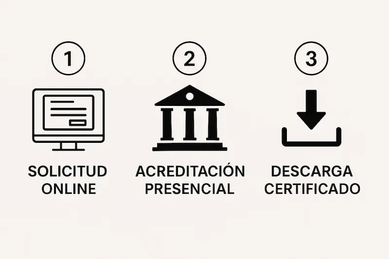 Infografía con los 3 pasos para obtener el certificado digital de la FNMT.