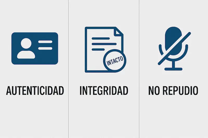 Infografía mostrando los tres pilares de la firma digital: Autenticidad, Integridad y No Repudio.