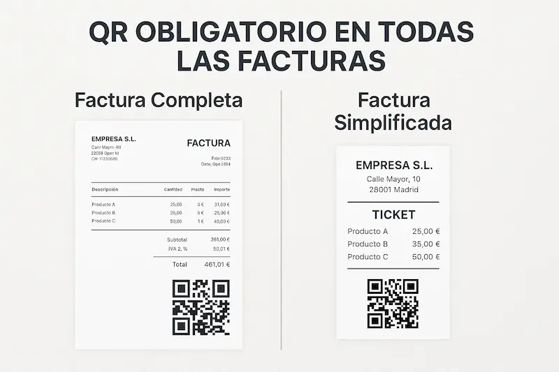 Comparativa de una factura completa y una factura simplificada (ticket), ambas mostrando su correspondiente código QR de Verifactu.