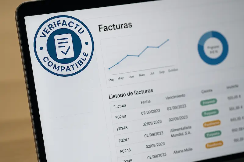 ¿Qué Será la Factura Electrónica en España a partir de 2025? 1 La interfaz de un software de facturación con un sello de "Certificado Verifactu".