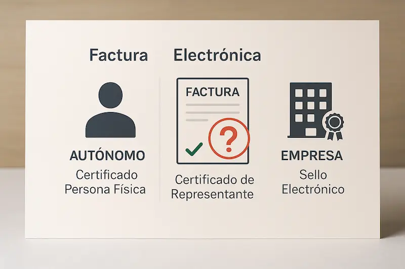 ¿Quién Debe Firmar la Factura Electrónica? Emisor o Receptor 1 Iconos que representan los tipos de certificado para firmar facturas: persona física, representante y sello de empresa.