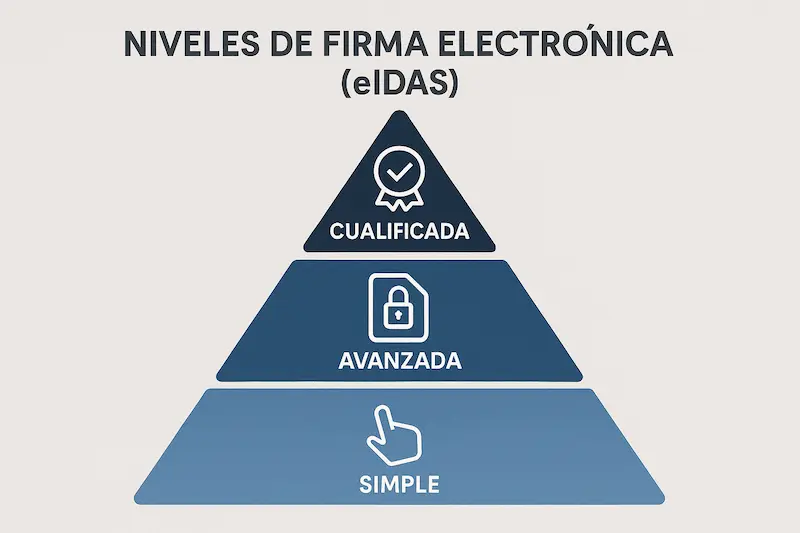 Infografía mostrando los tres tipos de firma electrónica según el Reglamento eIDAS: simple, avanzada y cualificada.