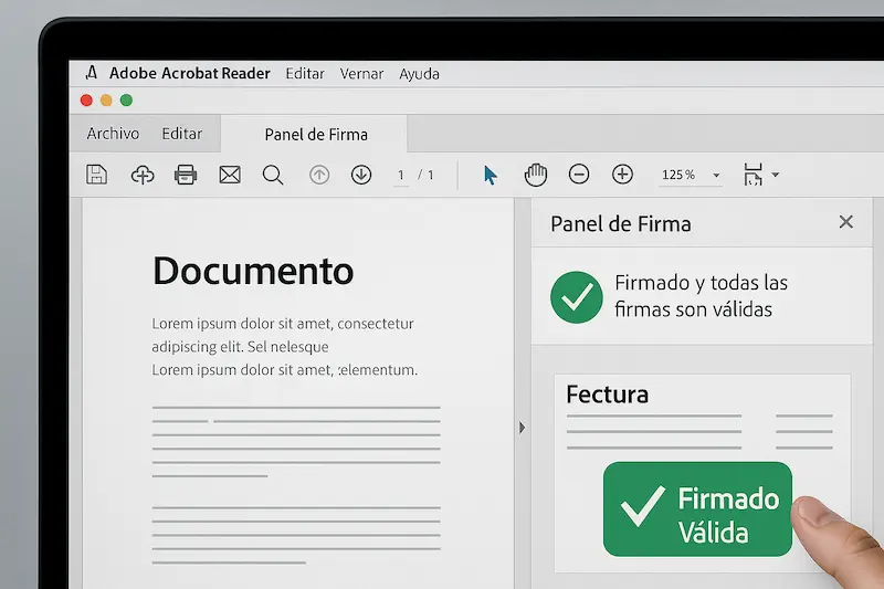Panel de firmas de Adobe Acrobat Reader mostrando una firma digital válida con un tick verde.