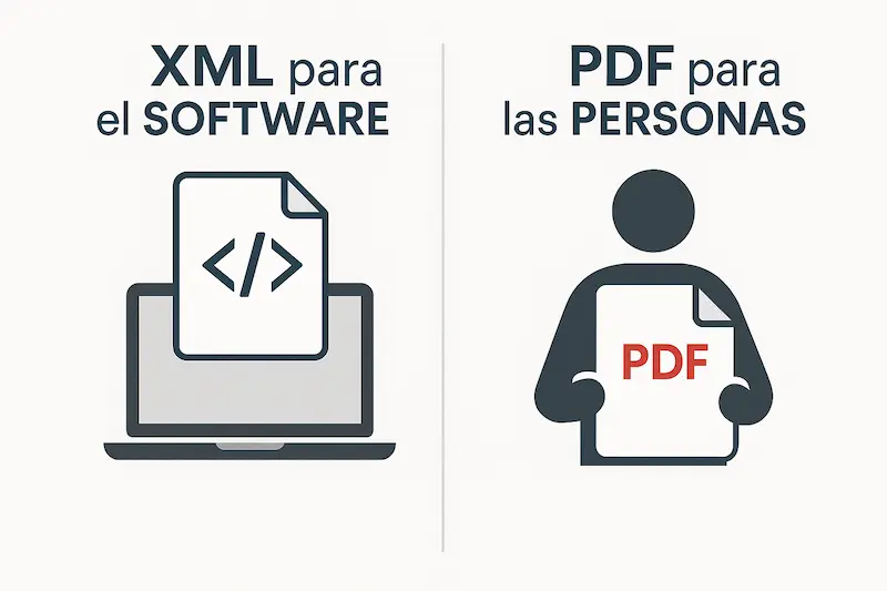 Infografía comparando un archivo XML (para máquinas) y un PDF (para humanos).